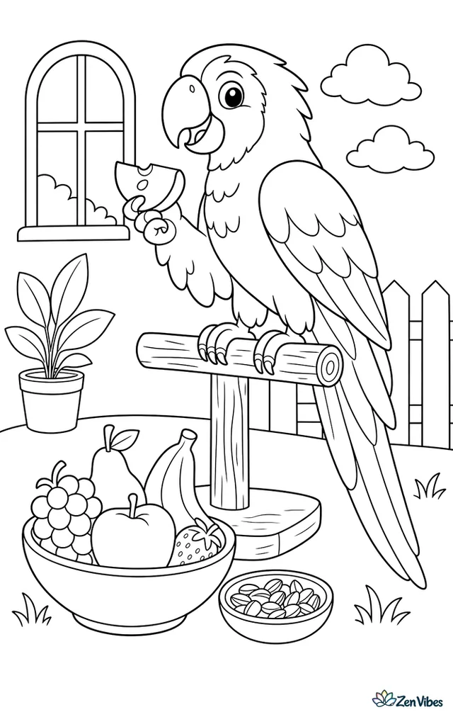 A large parrot on a wooden stand holding a slice of apple in one foot, with a bowl of fruit and seeds below