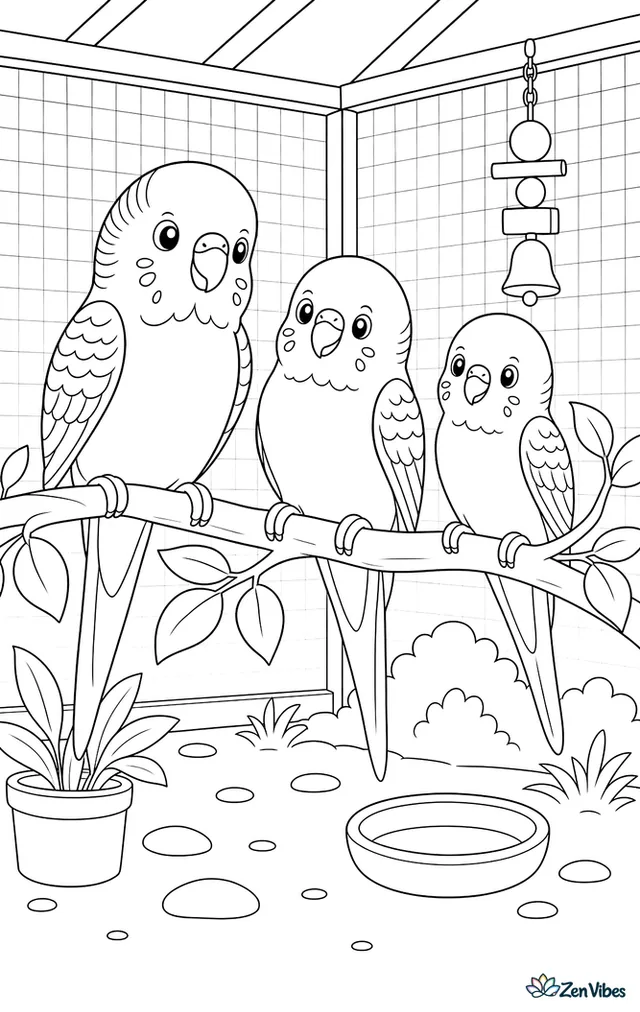 Three budgies of slightly different sizes sitting along a branch with leaves, in a large aviary with a mesh wall behind