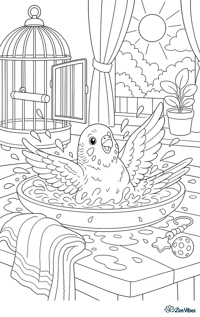 A budgie splashing in a shallow dish of water on a table with drops flying, a towel, and a cage door open behind
