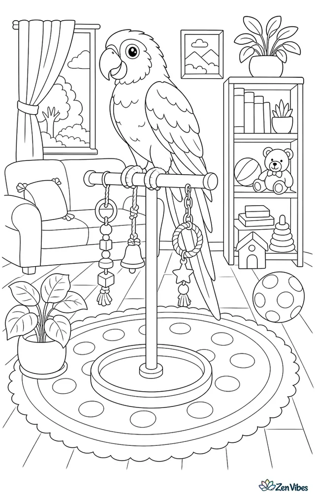 A large parrot on a play stand in a living room with a sofa, a bookshelf, a rug, a plant, and toys hanging from the stand