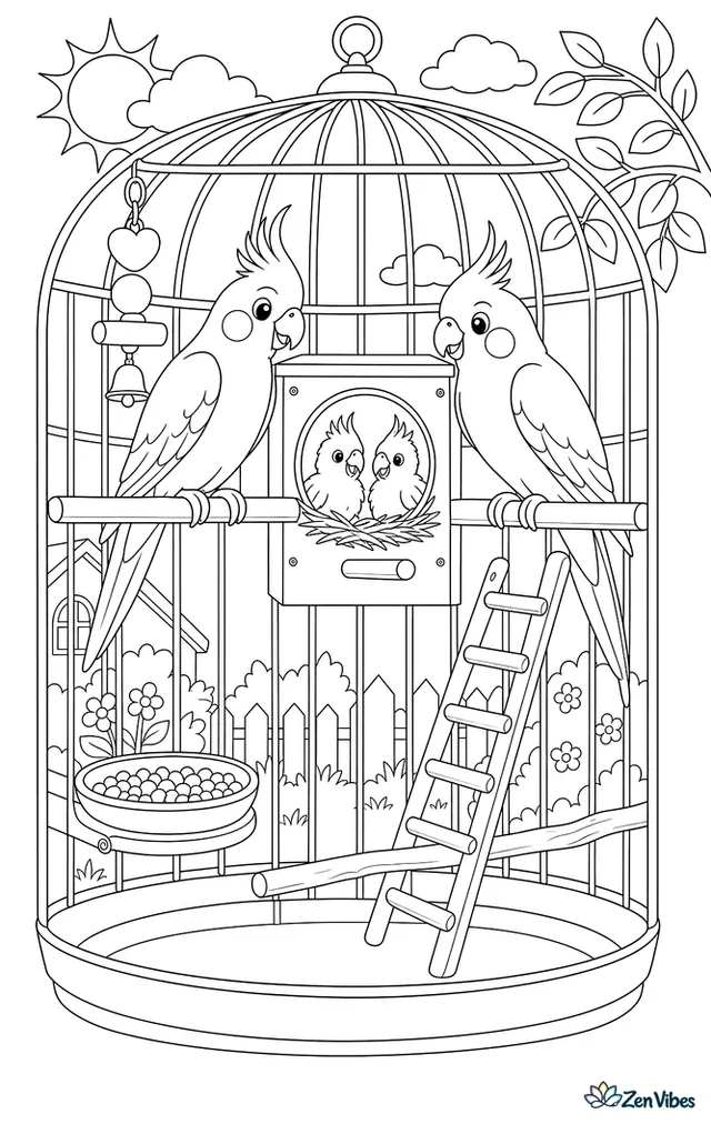 Two adult cockatiels and two chicks in a nest box inside a large cage with perches, a ladder, and a food dish