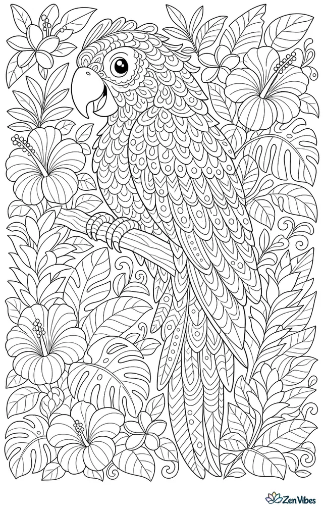 A large parrot whose feathers are drawn as decorative patterns, surrounded by a dense border of tropical leaves and flowers filling the page