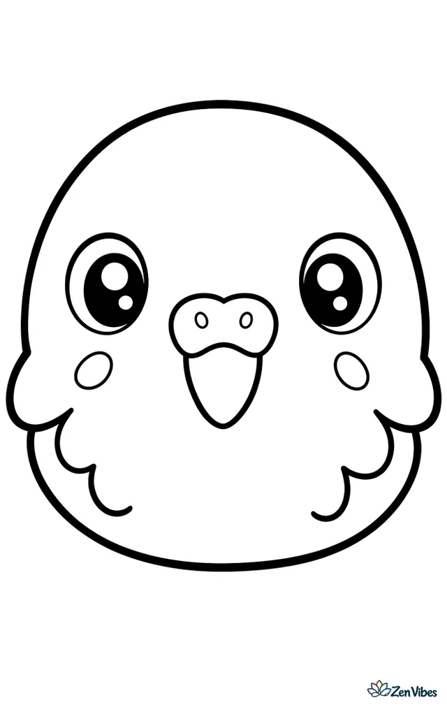 A big round budgie face with a small curved beak and bright eyes filling the page