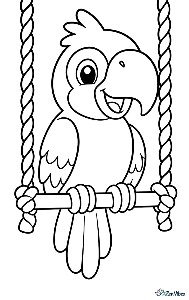 A parrot with a big curved beak sitting on a simple rope swing