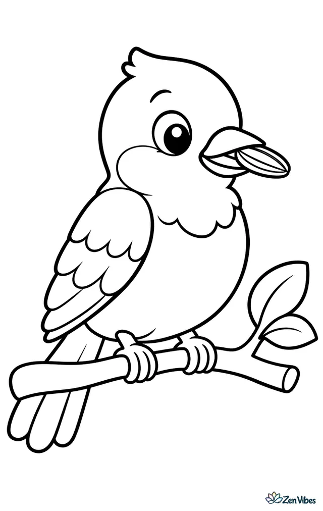 A small bird holding a sunflower seed in its beak on a perch