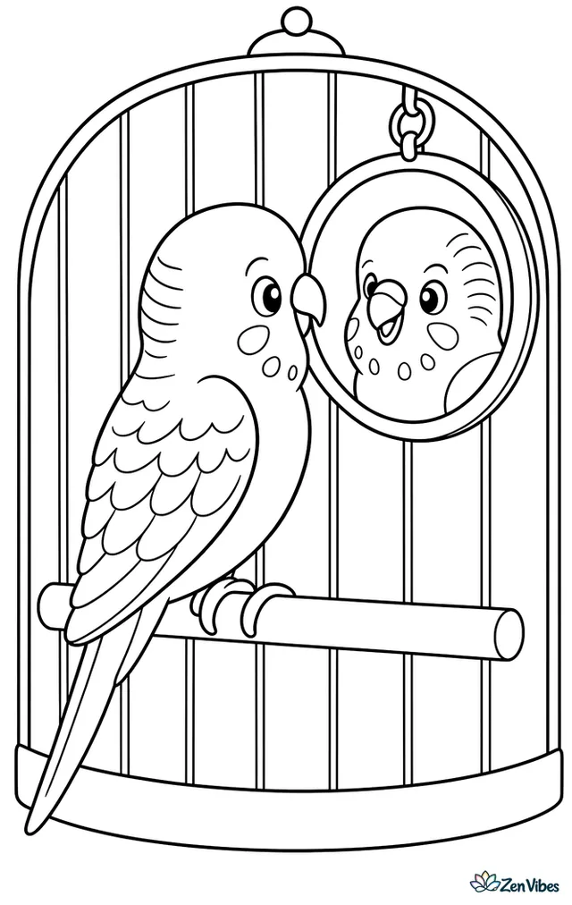 A budgie looking at its reflection in a small round mirror hung in its cage