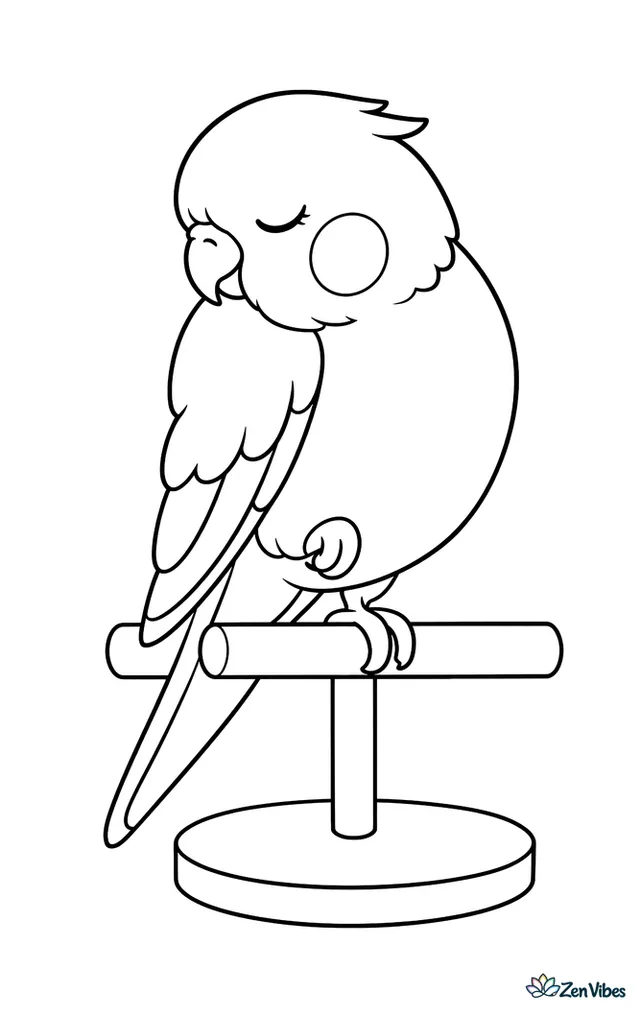 A cockatiel with its crest down, asleep on a perch standing on one leg