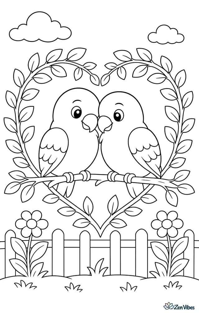 Two lovebirds sitting close together inside a heart shape made of leaves