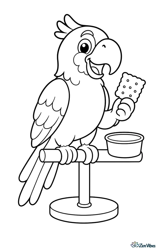A parrot holding a cracker in one foot while standing on a stand with a food cup