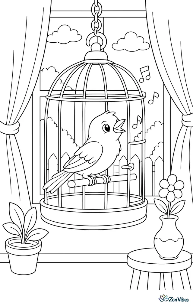 A canary singing in a rounded cage hanging by a window with curtains