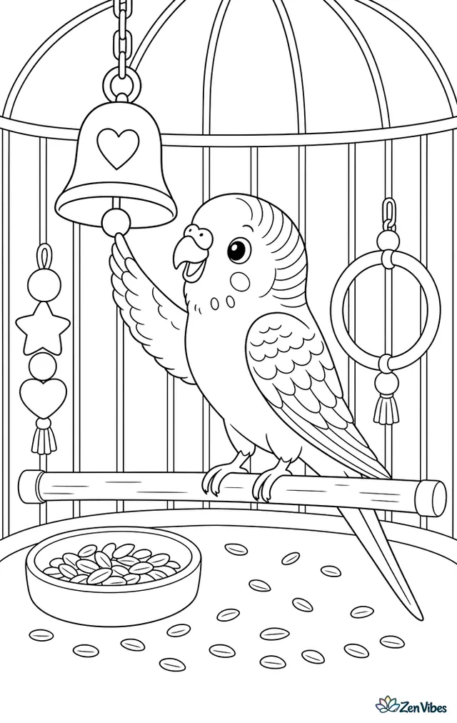A budgie ringing a bell toy hanging from the top of its cage, seeds scattered below