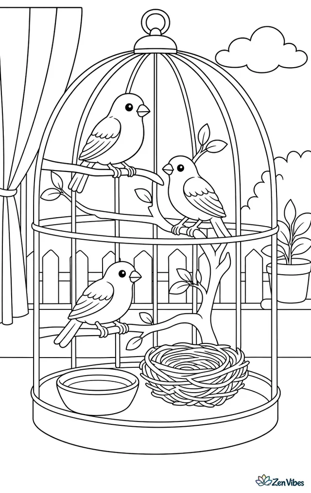 Three small finches on branches inside a large cage with a nest and a water dish