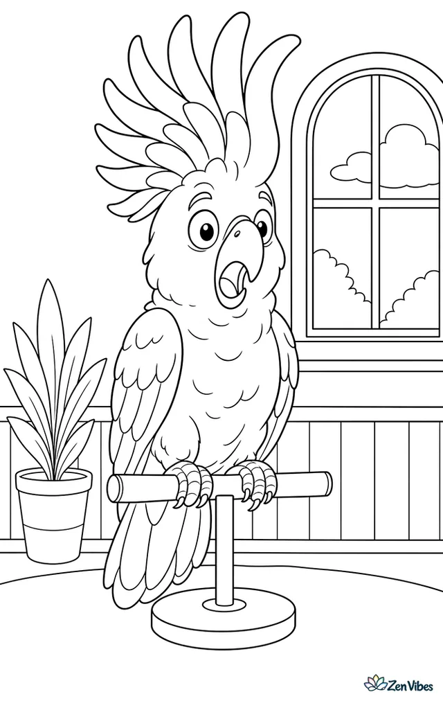 A cockatoo with its tall crest fanned up, sitting on a perch and looking surprised