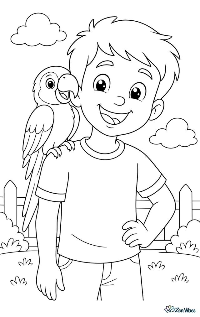 A parrot sitting on a child's shoulder, the child grinning