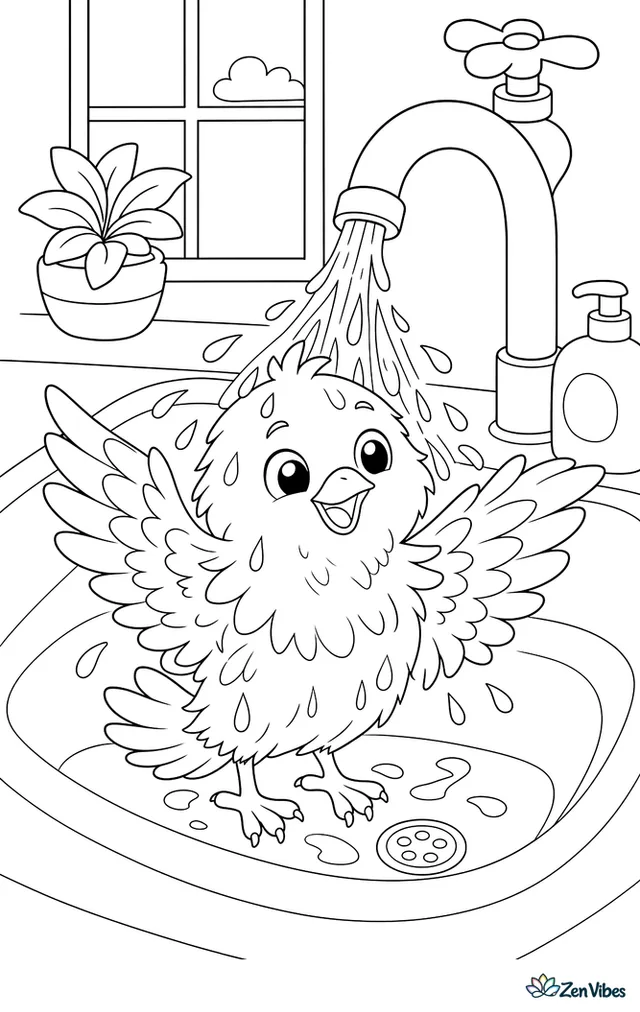 A small bird fluffing its feathers under a gentle stream of water from a tap in a sink