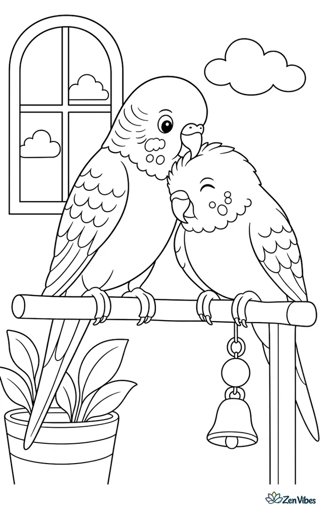 Two budgies on a perch, one gently preening the other's head feathers