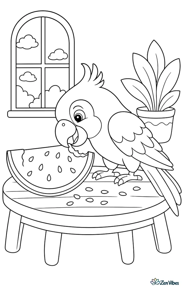 A parrot standing on a table pecking at a slice of watermelon with seeds scattered