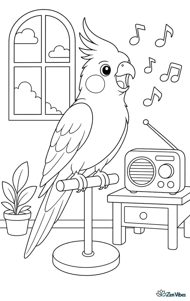A cockatiel with an open beak and music notes floating around it on a perch by a radio