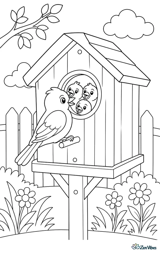 A wooden nest box with a parent bird at the hole and three chicks peeking out