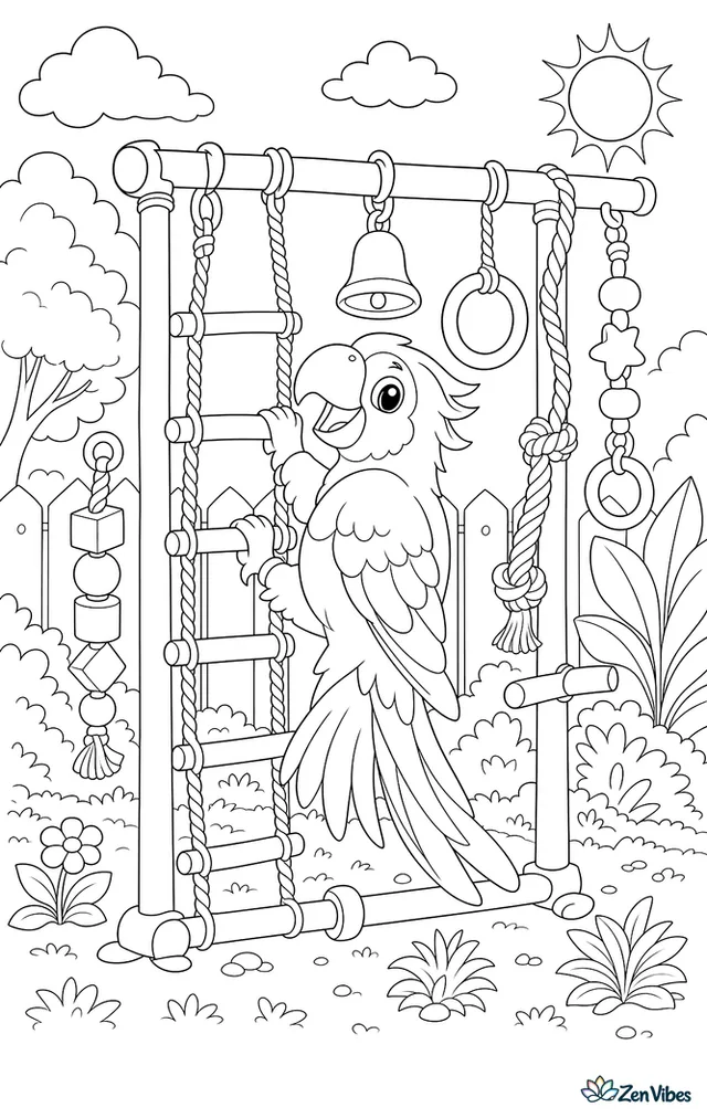 A parrot climbing a play gym with ladders, ropes, rings, and a bell