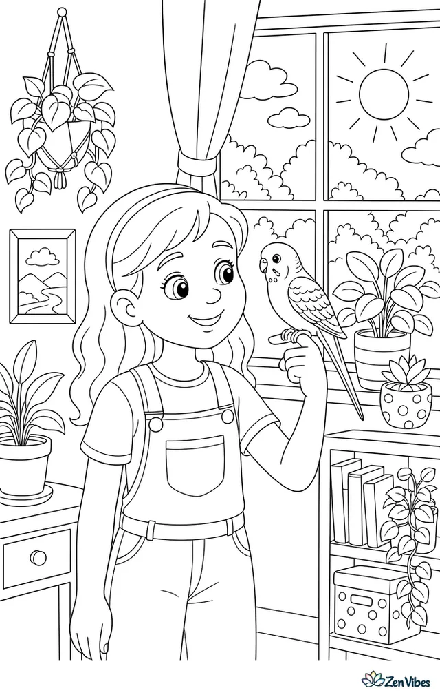 A child holding a budgie on a finger next to a sunny window with plants
