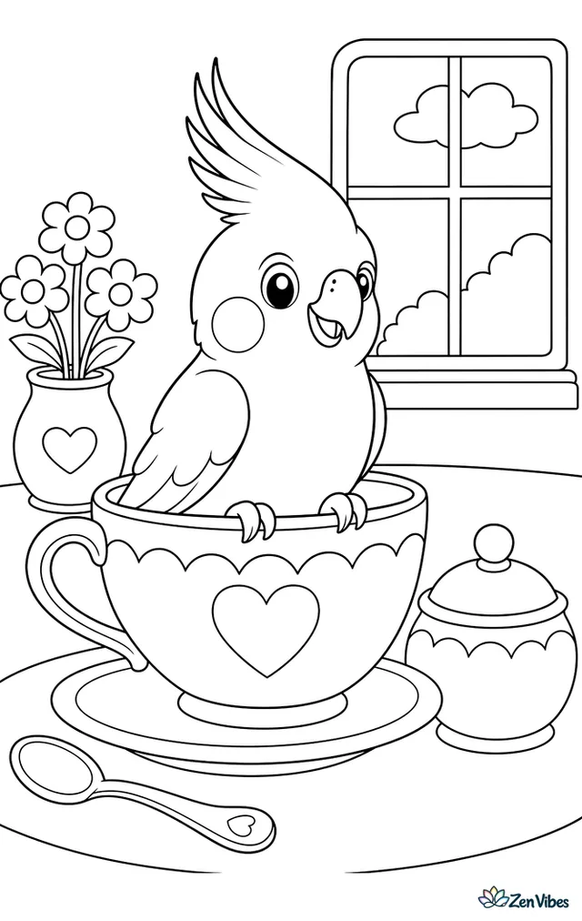 A cockatiel sitting in a teacup on a saucer with a spoon and a sugar bowl