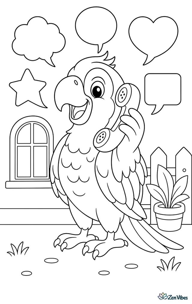 A parrot holding a toy phone to its head with speech bubbles drawn as shapes around it