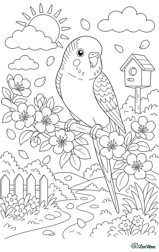 A budgie sitting on a branch covered in blossoms with a few petals falling