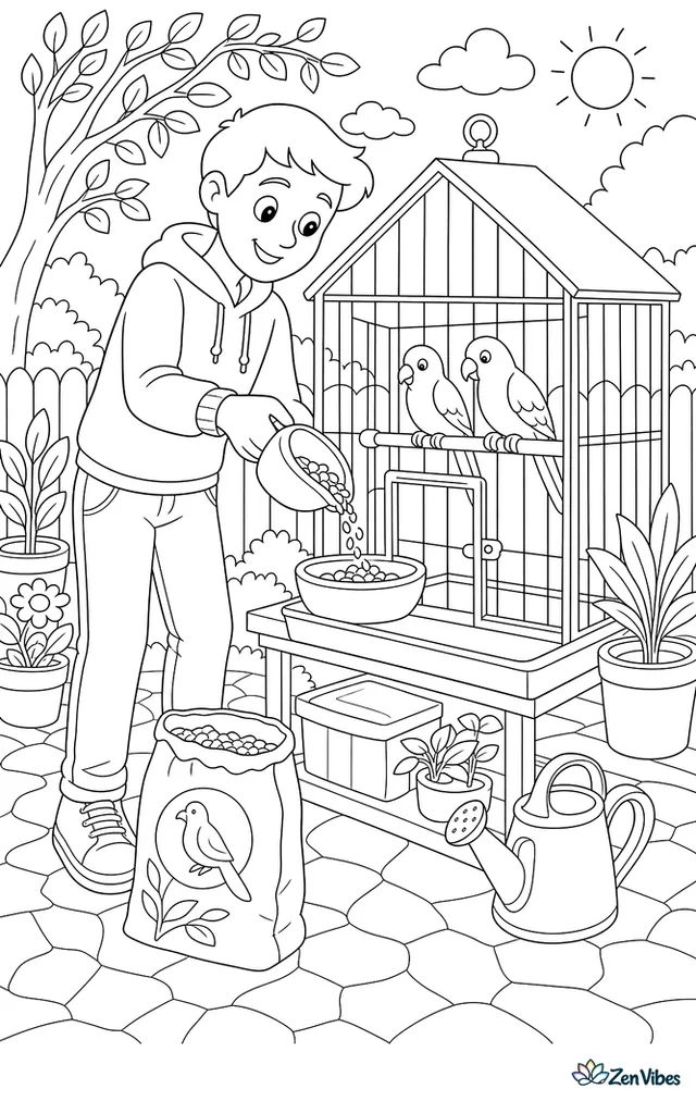 A person filling a food bowl in a cage while two birds watch from a perch, a seed bag nearby