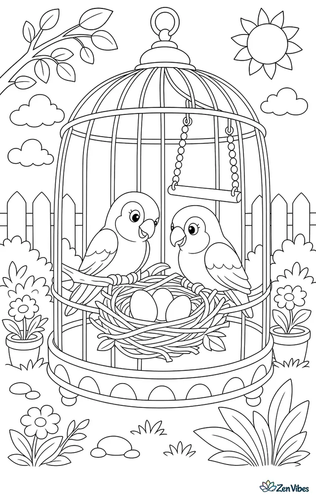 Two lovebirds beside a nest holding three eggs, inside a cage with a swing