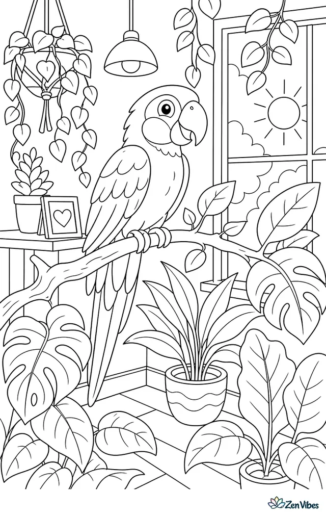 A parrot on a branch among big leaves and hanging vines in a sunny room corner