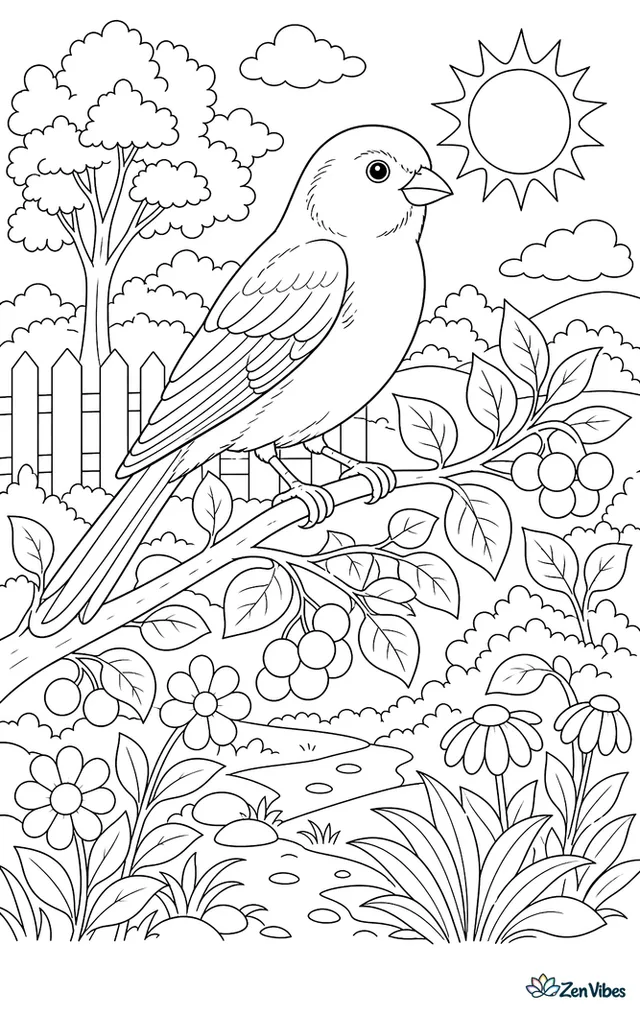 A realistic canary on a leafy branch with detailed feathers and a few berries
