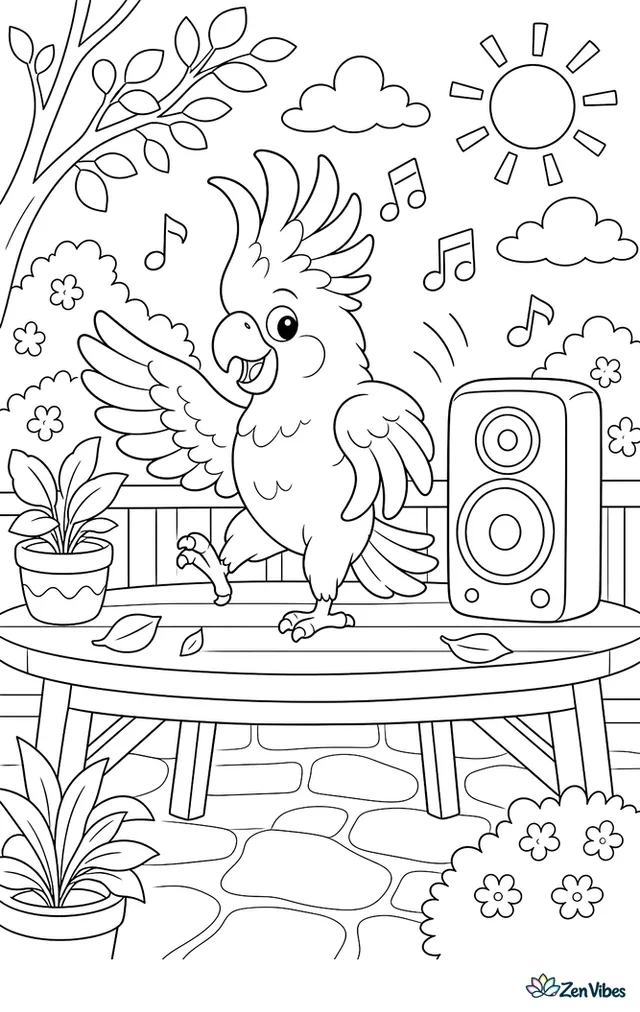 A cockatoo bobbing and stepping on a table next to a speaker with music notes