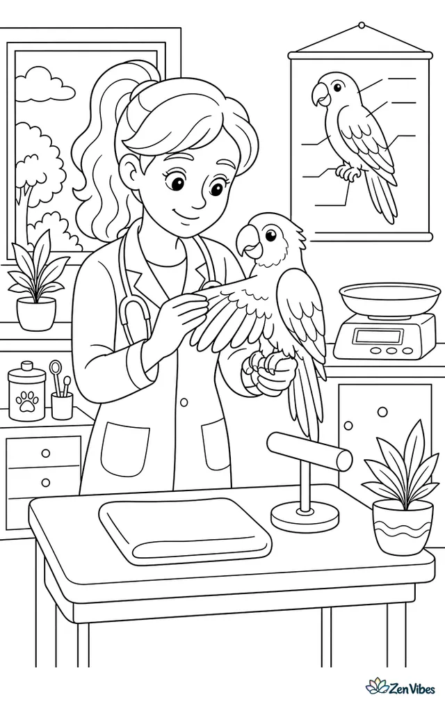 A vet gently holding a parrot while examining a wing, a scale and a poster in the room