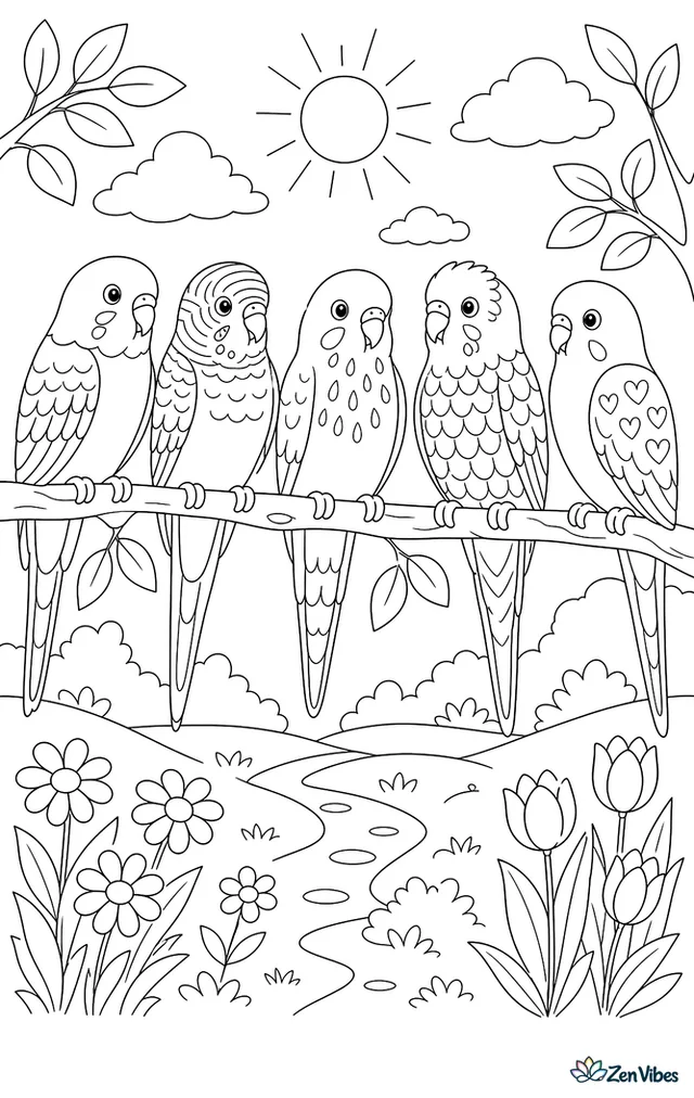 Five budgies sitting in a row on a long branch, each with a different pattern of feathers