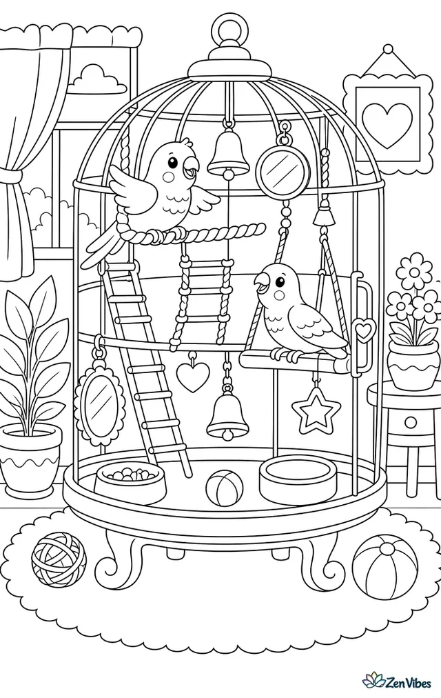 A large cage with ladders, mirrors, bells, ropes, and swings and two birds enjoying them