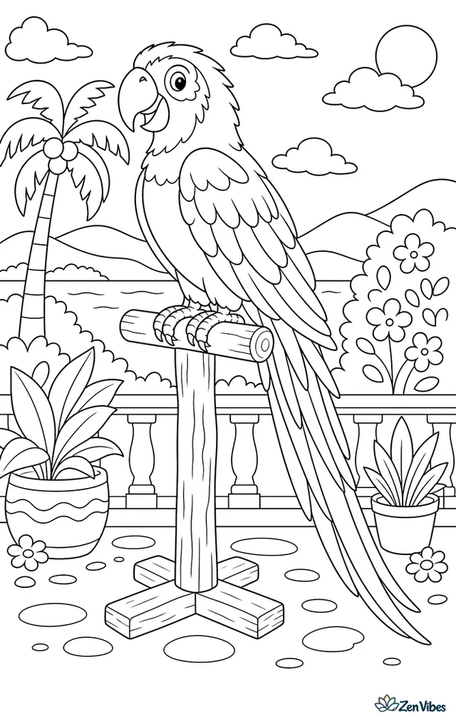 A large long-tailed parrot with big feathers sitting on a wooden stand