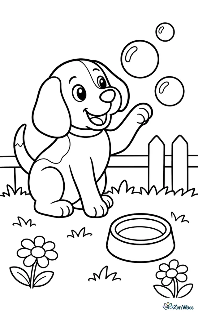 A beagle puppy sits in short grass, batting at three floating soap bubbles beside a small water bowl and two daisies, with a simple fence line and one fluffy cloud in the background.