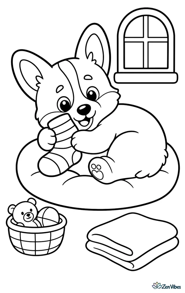 A corgi puppy curls up on a round cushion, hugging a striped sock, with a tiny toy basket nearby, a window above, and a folded blanket resting on the floor.