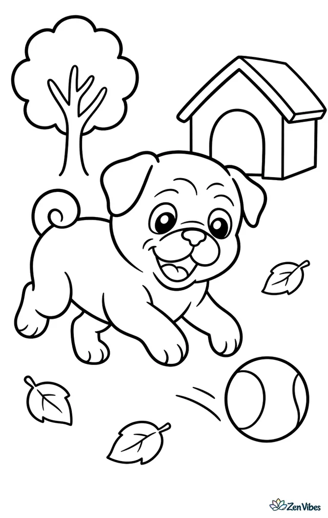 A pug puppy trots after a rolling tennis ball across a plain yard, with one small tree, a doghouse, and a few scattered leaves around the simple scene.