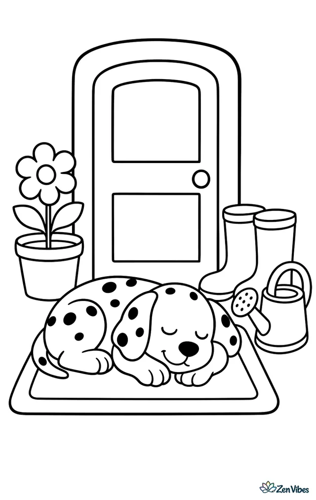 A dalmatian puppy naps on a porch mat in the sunshine, with a flower pot, a pair of rain boots, and a watering can placed neatly beside the door.