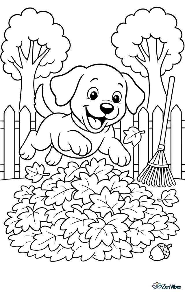 A yellow Labrador puppy jumps into a pile of autumn leaves, with a rake leaning on a fence, an acorn on the ground, and two trees framing the backyard.