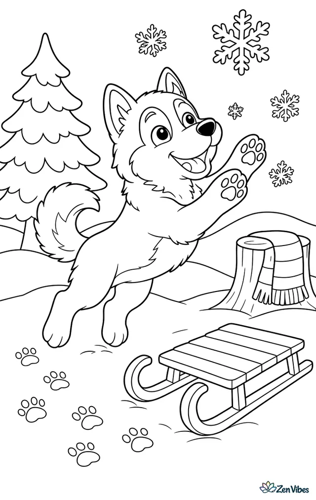 A Siberian husky puppy pounces at snowflakes in a snowy yard, leaving pawprints near a sled, with a pine tree, a scarf on a stump, and gentle hills behind.