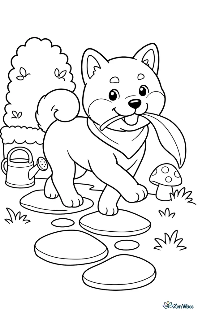 A Shiba Inu puppy trots along a stone garden path carrying a fallen tulip leaf, with a watering can, mushroom, trimmed hedge, and stepping stones around the cheerful yard.