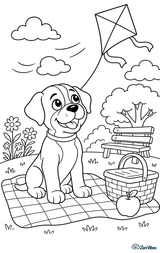 A boxer puppy sits on a picnic blanket watching a kite in the sky, with a basket, apple, wildflowers, and a wooden bench in a breezy park.