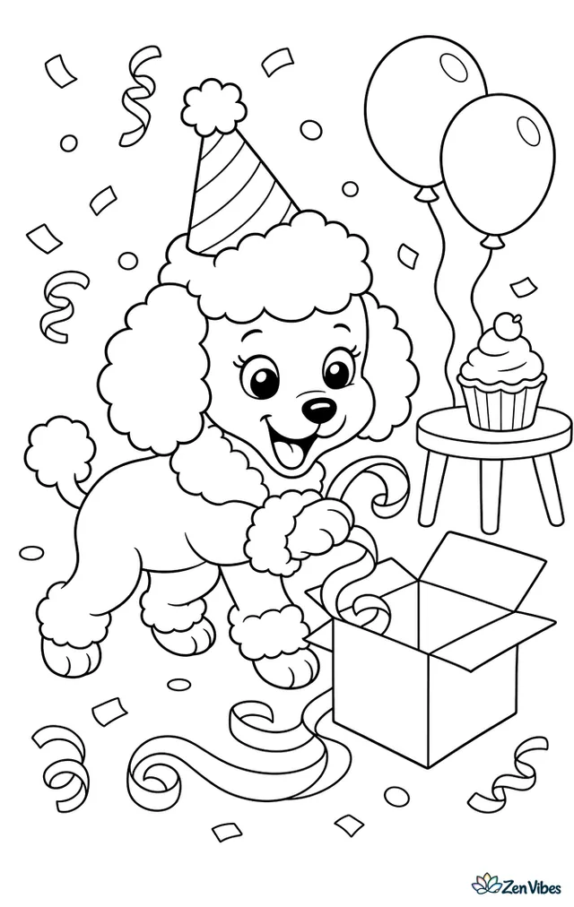 A poodle puppy paws at a curling ribbon beside an open gift box, with a party hat, two balloons, confetti, and a cupcake on a low table nearby.