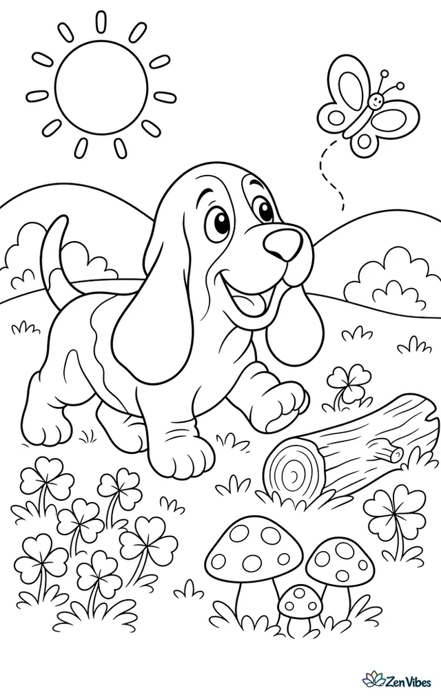 A basset hound puppy waddles through a meadow following a butterfly, with clover patches, a log, three mushrooms, and rolling hills under a bright sun.