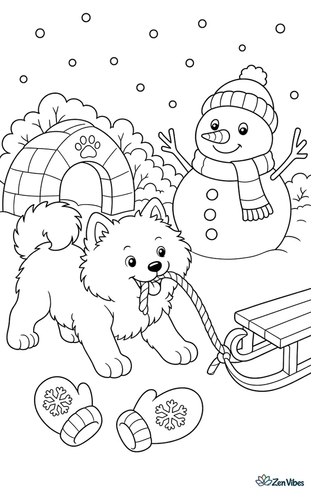A Samoyed puppy tugs a loose sled rope beside a snowman, with mittens on the ground, an igloo-shaped doghouse, and snowy bushes under falling flakes.