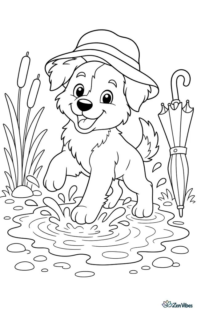 A border collie puppy splashes in a rain puddle wearing a floppy rain hat, with a folded umbrella, cattails, pebbles, and ripples across a park path.