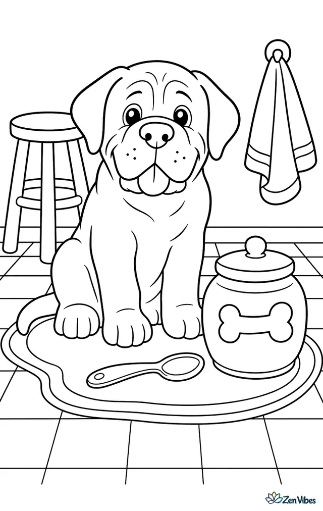 A mastiff puppy sits patiently beside a treat jar on a kitchen mat, with a stool, checkered floor tiles, a spoon, and a small towel hanging nearby.